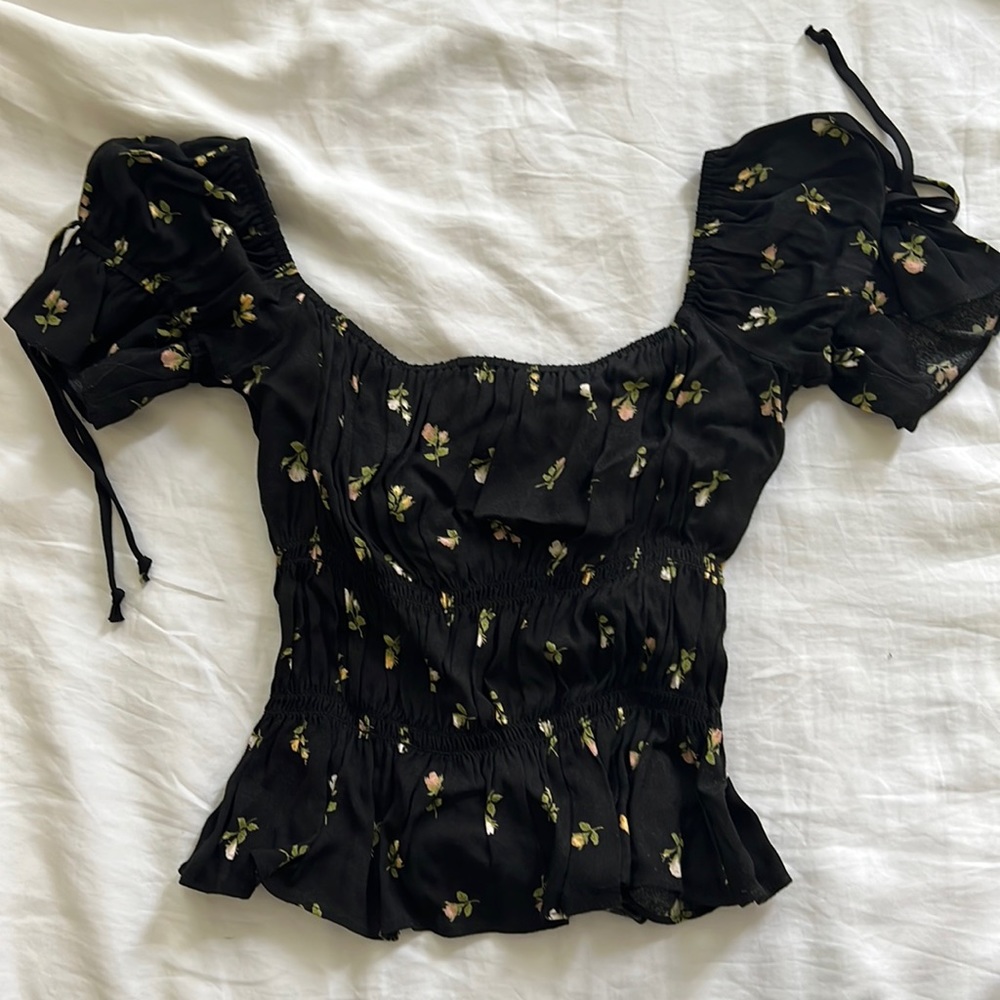 Reformation Black floral smocked top